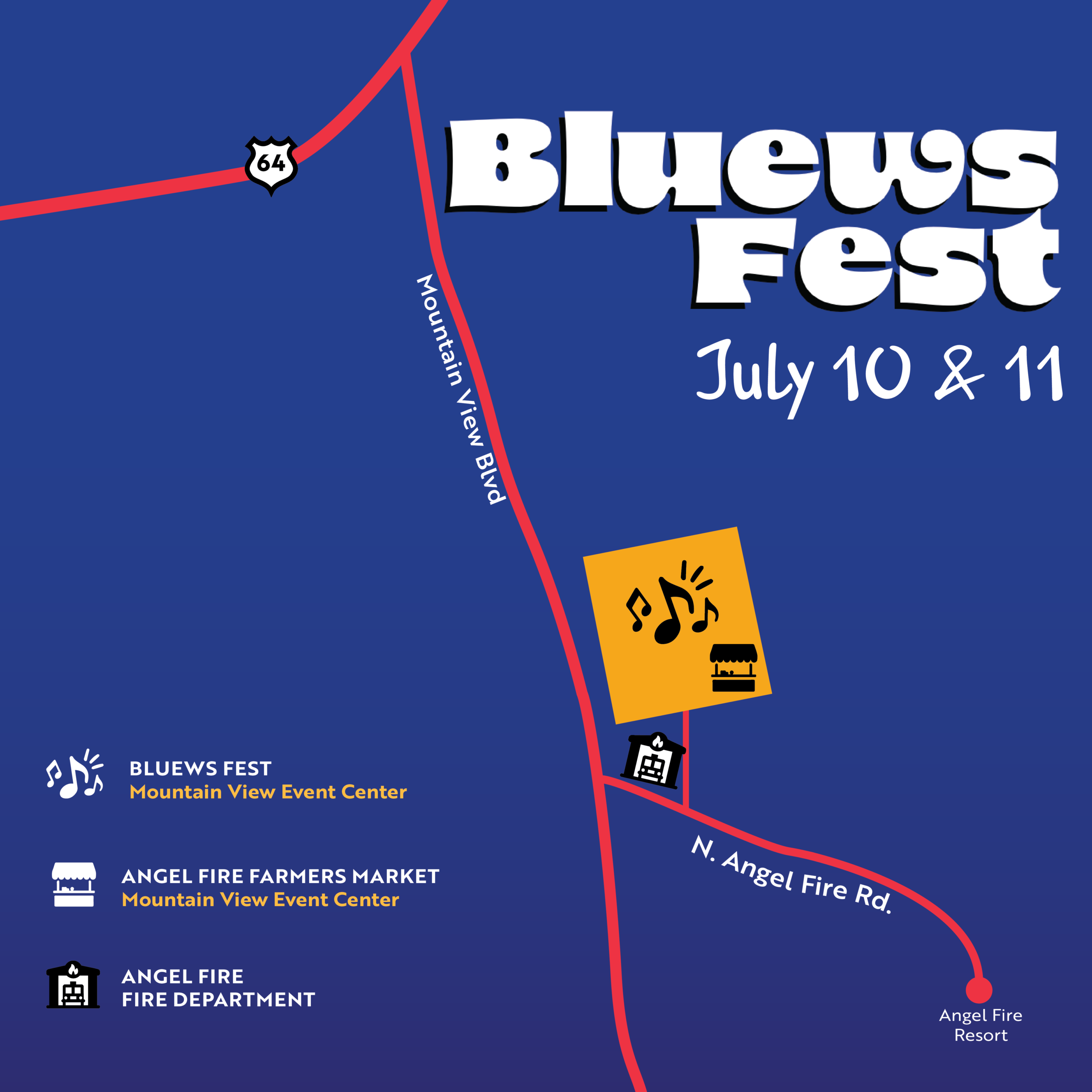 Festival map poster on a blue background for 'BLUEWS FEST' featuring Mountain View Event Center and a red routed layout of venues along with small icons (music, fire department, resort).