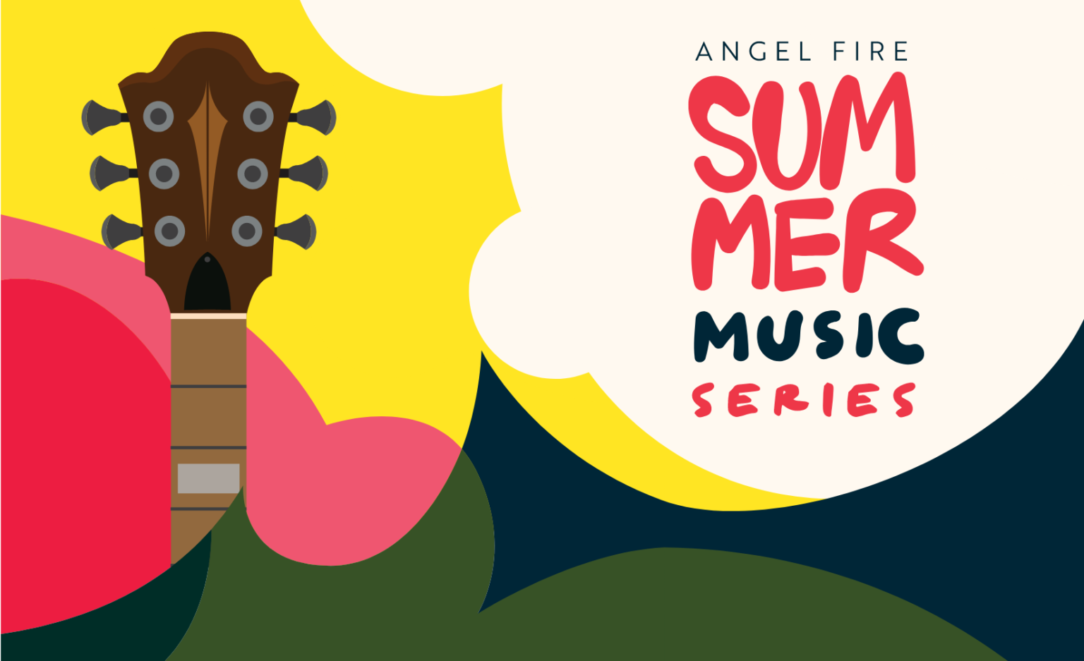 Colorful poster with a guitar neck on the left and bold red 'SUMMER MUSIC SERIES' text on the right.