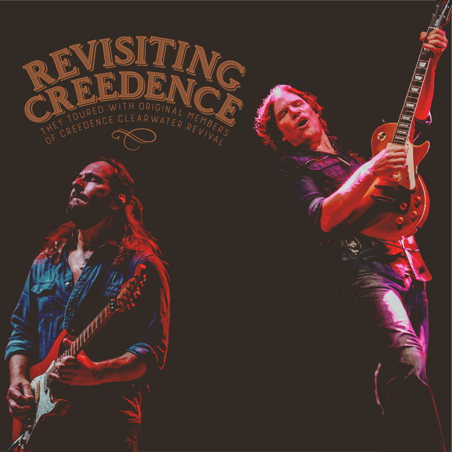 Band duo performing on stage with 'Revisiting Creedence' curved text logo overhead; guitarist on left and right playing guitars, dark background.
