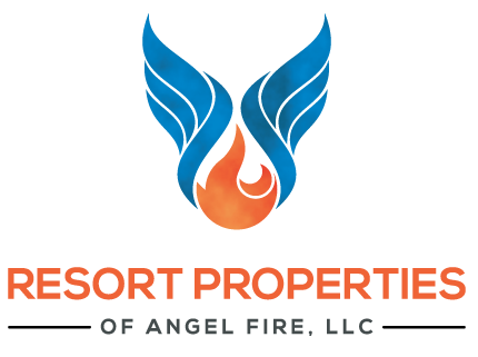 Resort Properties logo: blue wings form a flame above orange text 'RESORT PROPERTIES' and gray 'OF ANGEL FIRE, LLC'.