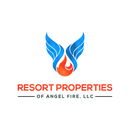 Logo for Resort Properties of Angel Fire, LLC with blue winged flame emblem above the red company name.