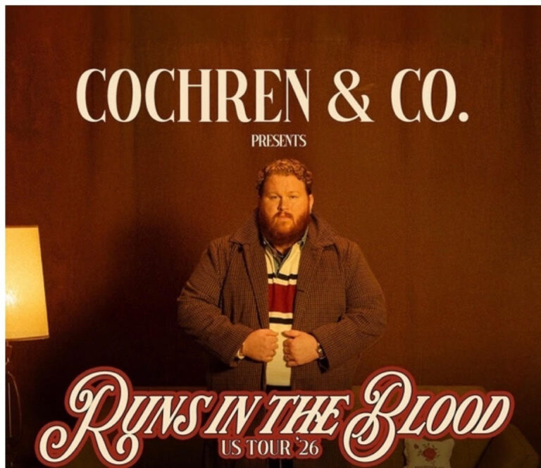 Promotional poster featuring a bearded man in a brown coat against a brown wall, with 'COCHREN & CO.' at the top and 'RUNS IN THE BLOOD US TOUR 26' at the bottom.
