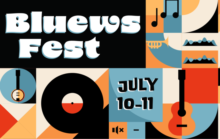 Bluews Fest 2026 - Visit Angel Fire New Mexico Colorful poster collage featuring 'Blues Fest' with musical notes, instruments, and a July 10–11 date layout in orange, teal, and cream.