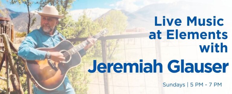 Jeremiah Glauser - Visit Angel Fire New Mexico Outdoor event poster advertising live music by Jeremiah Glauser, Sundays 5–7 PM at Elements, featuring a guitarist playing in a sunny yard.