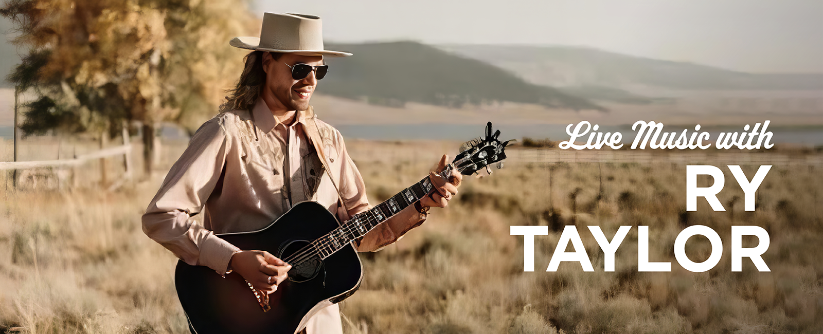 Ry Taylor - Visit Angel Fire New Mexico Guitarist in a desert setting, wearing a hat and sunglasses, playing a black acoustic guitar with 'Live Music with RY TAYLOR' text on the right.