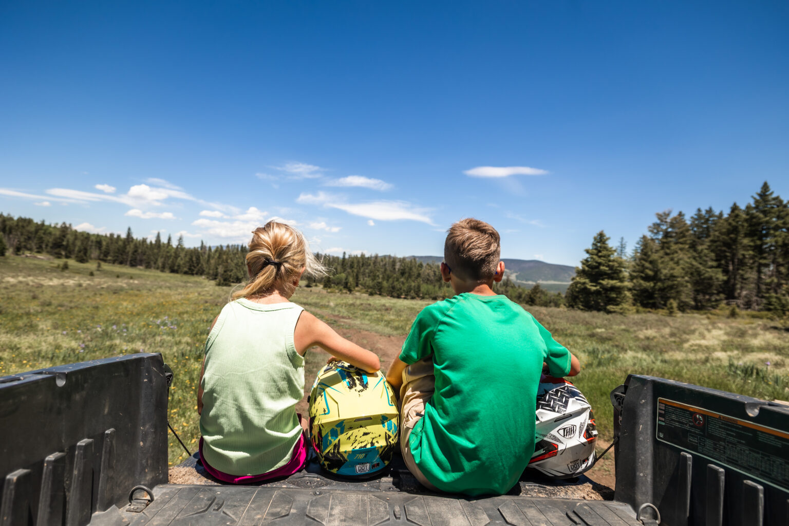 Two children wearing helmets sit in the back of a pickup truck, facing a grassy meadow with trees under a bright blue sky.