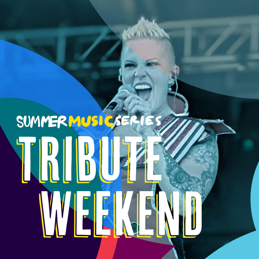 Promotional poster for Summer Music Series: Tribute Weekend featuring a singer performing on stage with colorful shapes overlaid on the image.
