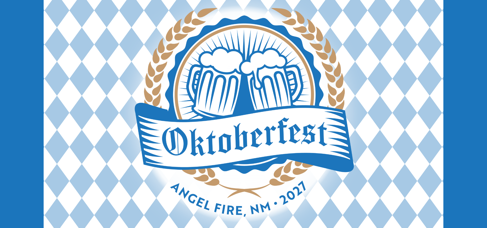 Oktoberfest emblem with clinking beer mugs, blue-and-white diamond pattern, and 'Angel Fire, NM 2021' banner.