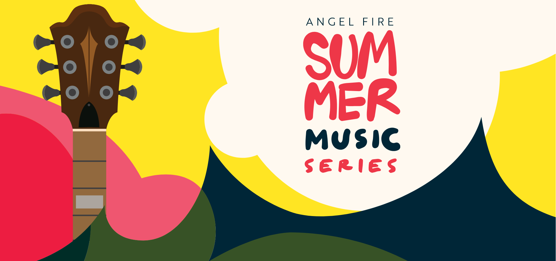 Poster banner for Angel Fire Summer Music Series featuring a guitar on the left and bold red 'SUMMER MUSIC' text on a cream background.