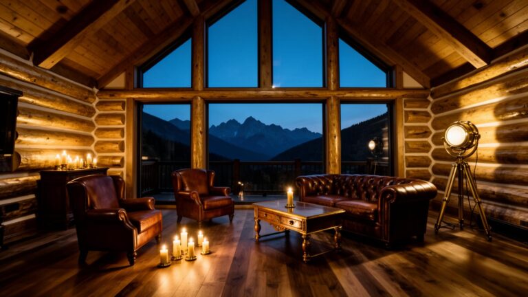 Cozy log-cabin living room at dusk with leather sofas, a wooden coffee table, candles, and a mountain view through large windows.