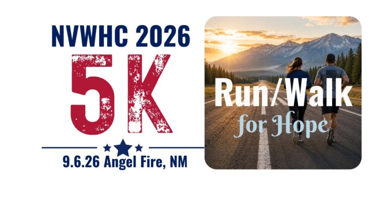Promotional graphic for a 5K run/walk event: left panel shows NVHC 2026 5K with date and location; right panel shows runners on a scenic road with 'Run/Walk for Hope' text.