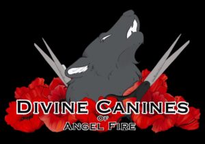 Gray wolf howling between two crossed swords with red flowers around them; logo text reads 'Divine Canines of Angel Fire'