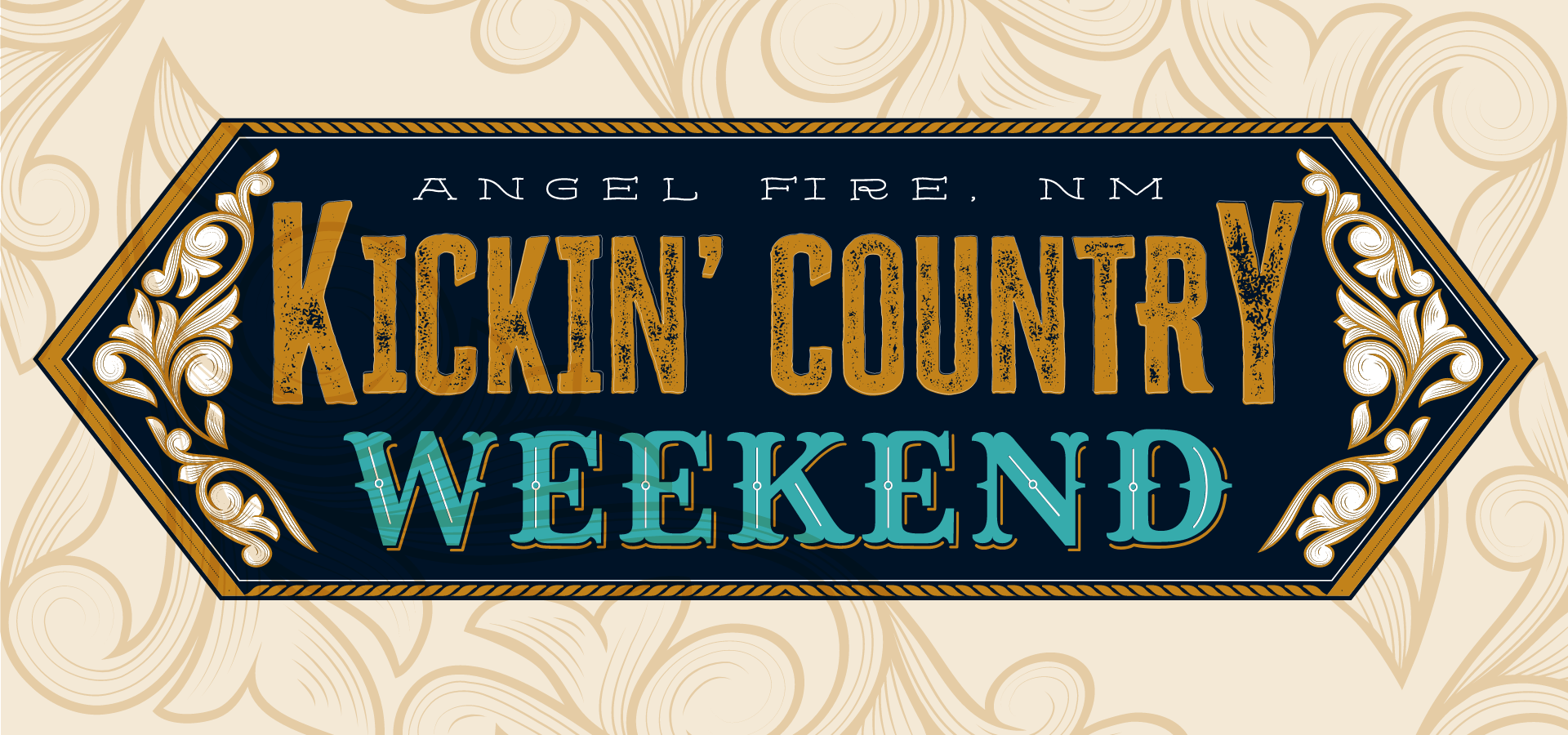 Banner sign for Kickin' Country Weekend in Angel Fire, NM with decorative gold and teal lettering on a dark blue background