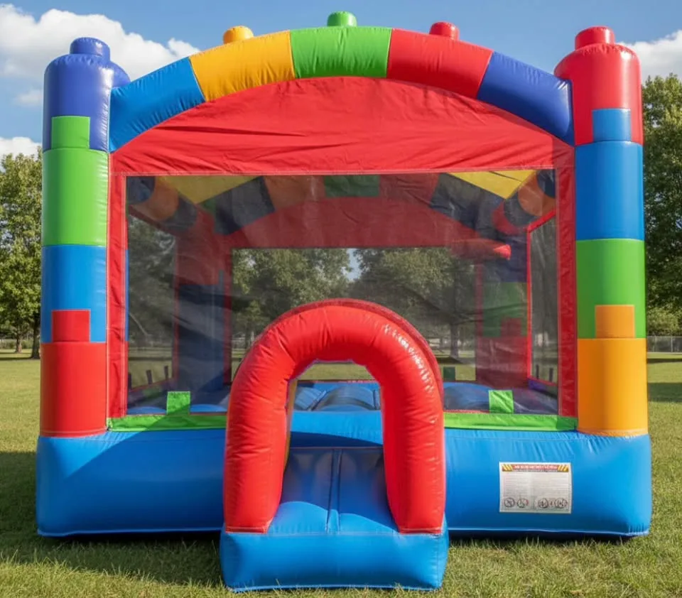 Colorful inflatable bounce house in a park with rainbow arch and red entryway on green grass